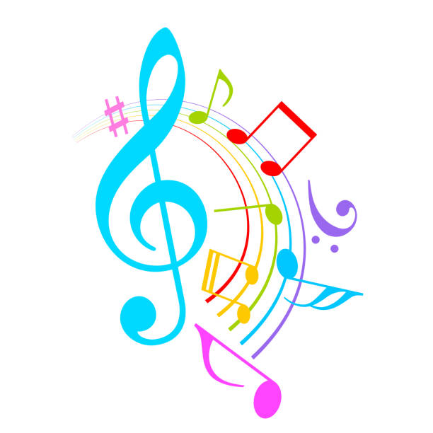 ilustraciones, imágenes clip art, dibujos animados e iconos de stock de icono vectorial de notas musicales coloridas, patrón de remolino musical - sheet music music musical note pattern