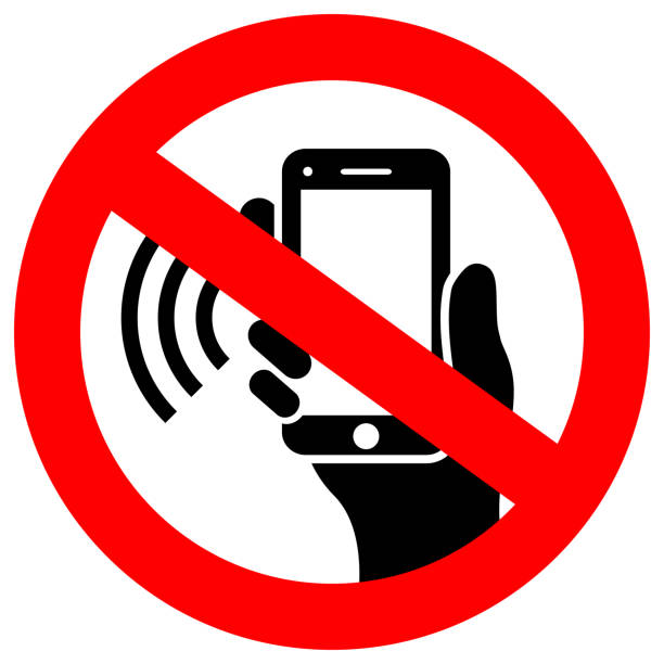 kein mobiltelefon mit vektorzeichen - cell phone ban stock-grafiken, -clipart, -cartoons und -symbole