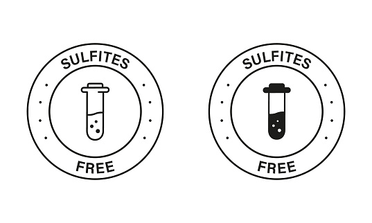 No Sulphites Label. Sulfites Free Black Stamp Set. Product without Sulfate Symbol. Natural Ingredients Sign. Glass Flask, Test Tube, No Chemical in Food Logo. Isolated Vector Illustration.
