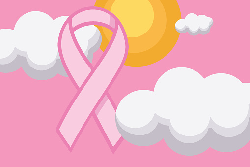 Pink ribbon, sun and clouds on pink background
