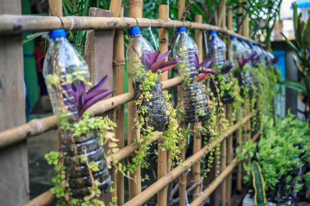 istock Creative ideas for making plant holders from recycled plastic bottles. These can be used to decorate your garden or home while reducing packaging waste. 1607443194