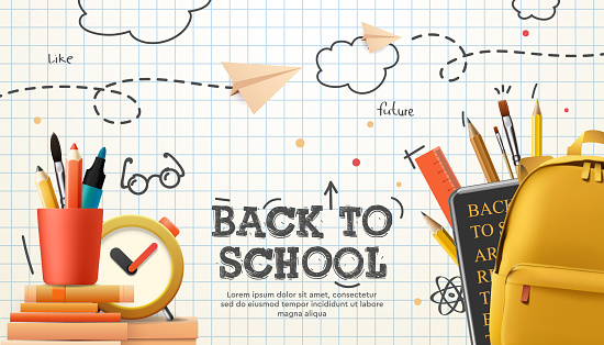 Back to school, banner, poster. Backpack and stationery, stack of books, alarm clock, paper airplanes, a checkered paper with different doodle scientific icons, vector illustration