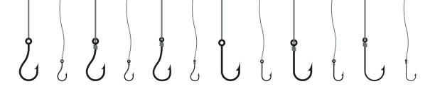 stockillustraties, clipart, cartoons en iconen met fishhook icon. fishing hook vector set. fish-hook hanging on the line isolated on white background. fishing sign. - haak apparatuur