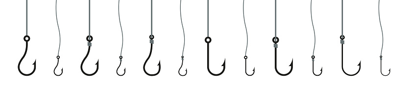 Fishhook icon. Fishing hook vector set. Fish-hook hanging on the line isolated on white background. Fishing sign.