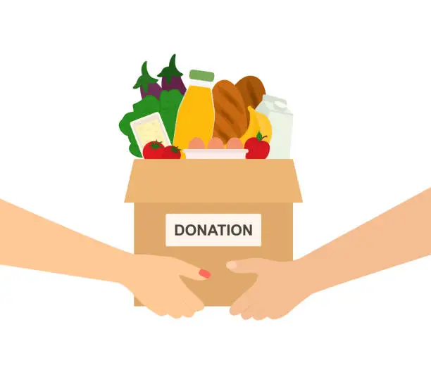 Vector illustration of Hands Holding Food Donation Box. Volunteering, Charity And Support Concept