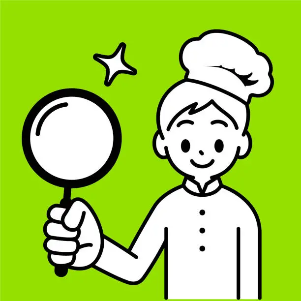 Vector illustration of A chef boy holding a magnifying glass, looking at the viewer, minimalist style, black and white outline