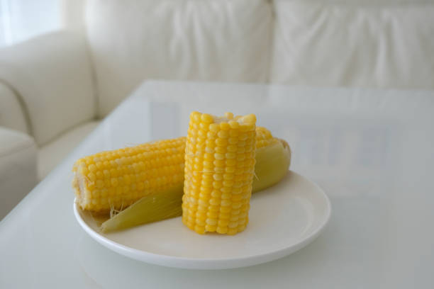 yellow corn on a white plate. boiled yellow corn on white plate and white table