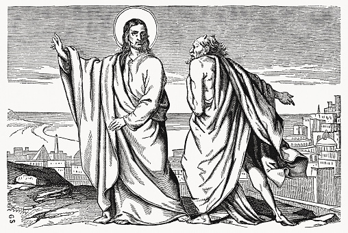 The Temptation of Christ (Luke 4, 1 - 13). Wood engraving, published in 1837.