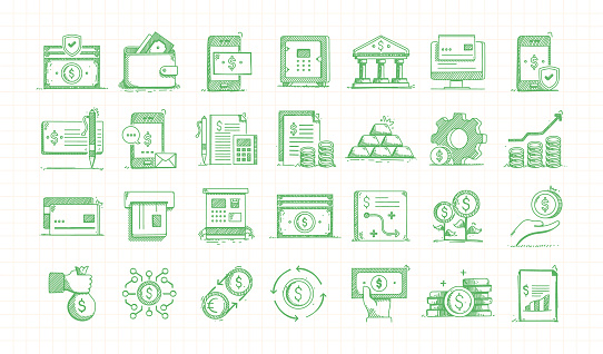 Banking and Money Hand Drawn Vector Doodle Line Icon Set