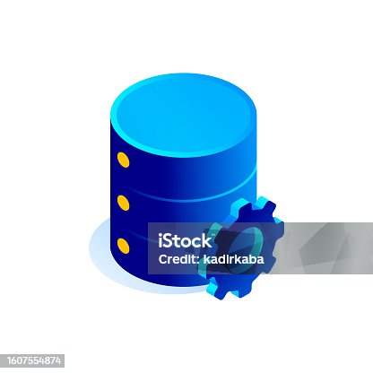 istock Vector Illustration of Database Management Isometric Icon and Three Dimensional Design. Artificial Intelligence, Cloud Computing, Downloading, Hardware, Network, Database. 1607554874