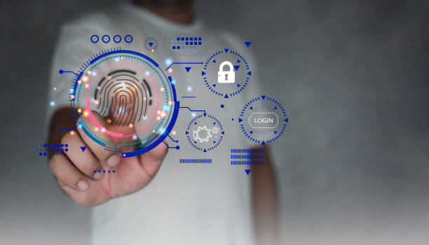 istock Young man login with fingerprint scanning technology interface screens with icon key and login to data. 1607565795