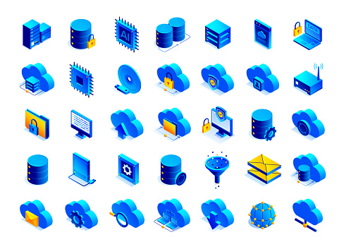 Vector Illustration of Big Data Isometric Icon Set and Three Dimensional Design. Artificial Intelligence, Cloud Computing, Downloading, Hardware, Network, Database.