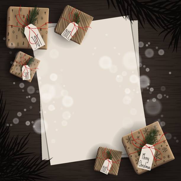 istock Top view of important day with gift box with christmas tree branches decoration on wood background concept. Empty and blank space with vintage style. Holiday design, decor. Vector illustration. 1607579370