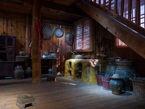 The old kitchen of the stilted building in Miao Village, the room is used to show the living environment of the past, Basha Miao Village, Guizhou, China.