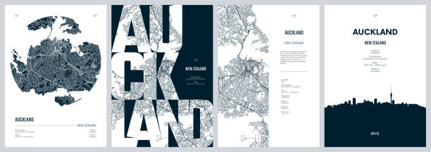 ilustraciones, imágenes clip art, dibujos animados e iconos de stock de conjunto de carteles de viaje con auckland, mapa detallado de la ciudad del plano urbano de la calle, horizonte de la ciudad de silhouette, ilustraciones vectoriales - auckland region