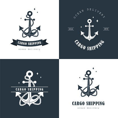 Set of Cargo shipping logos. Ocean delivery. Sea freight transportation and logistics. Export and import over world. Vector illustration in flat style.