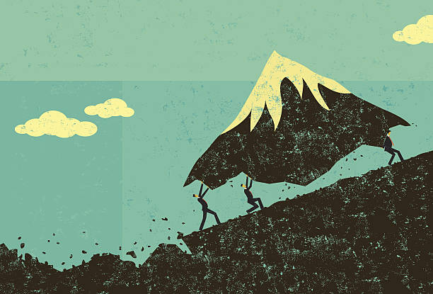 Moving Mountains Businessmen moving a mountain uphill. The men & mountain and background are on separate labeled layers. solution illustrations stock illustrations