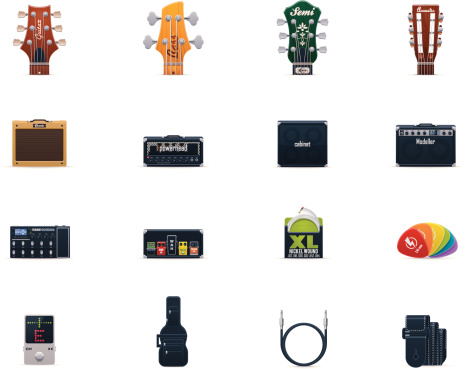 Set of the guitar equipment and accessories related icons