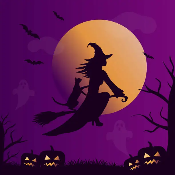 Vector illustration of halloween witch with a cat on a broom silhouette over a purple dark night sky, spooky vector illustration