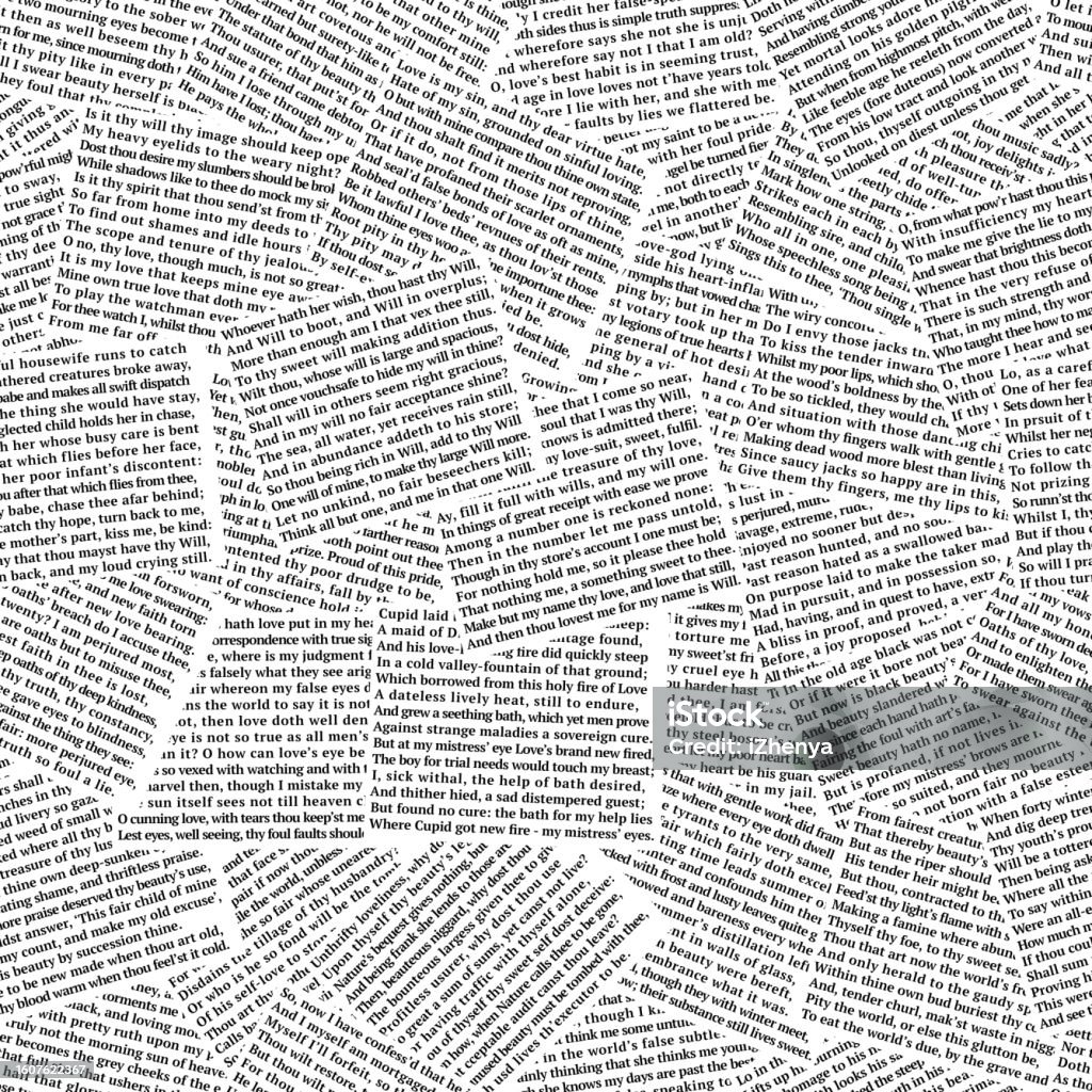Seamless pattern has been made from sonnets by William Shakespeare. Newspaper print style illustration Seamless pattern has been made from sonnets by William Shakespeare. Newspaper print style illustration for textile, wallpaper, wrapping Single Word Stock Photo