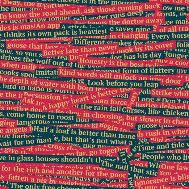 Seamless pattern has been made from english proverbs. Newspaper print style illustration for textile, wallpaper, wrapping. Three colors are used: blue, red and yellow