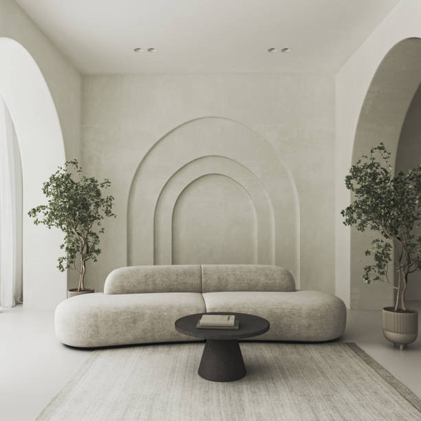 istock Conceptual interior room with arched stucco wall. Creative composition sofa with arch in pastel color. Mockup empty background. 3d rendering. High quality 3d illustration 1607627732