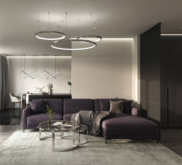 Lounge and double space living room with kitchen. Interior design and mock up wall background. 3d rendering interior design scene.