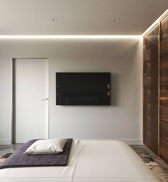 istock Minimal modern luxury interior. Design bedroom with bed. Mockup empty display template. Blank tv screen. High quality illustration 3d rendering. 1607628270