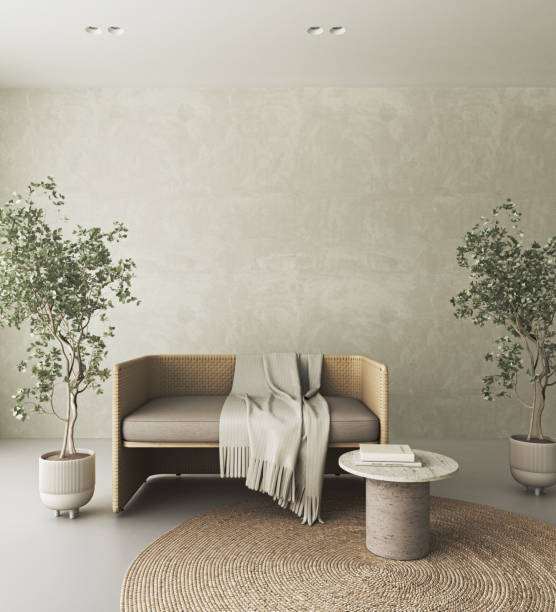 istock Conceptual interior livingroom with stucco beige wall. Creative composition bench with stone table in pastel color. Mockup empty background. 3d rendering. High quality 3d illustration 1607628801