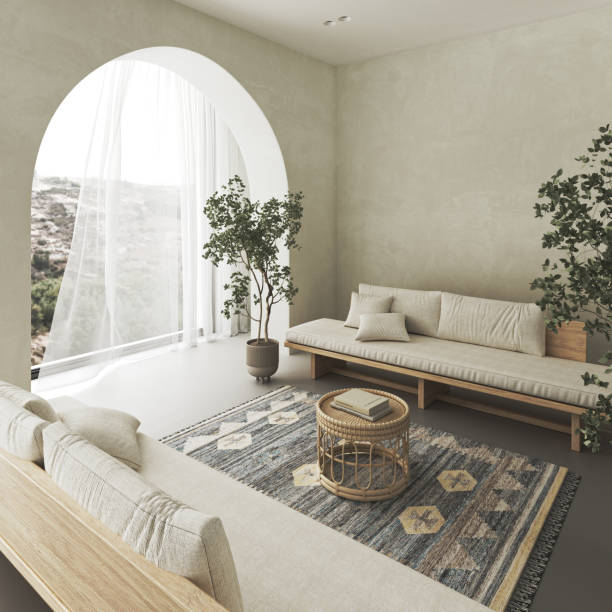 istock Conceptual interior livingroom with stucco beige arch wall. Creative composition wooden bench with wicker table in pastel color. Mockup empty background. 3d rendering. High quality 3d illustration 1607628986