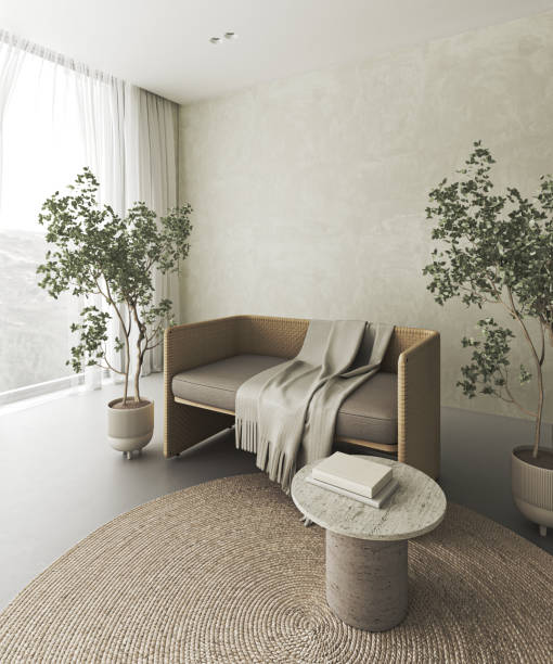 istock Conceptual interior livingroom with stucco beige wall. Creative composition bench with stone table in pastel color. Mockup empty background. 3d rendering. High quality 3d illustration 1607629308
