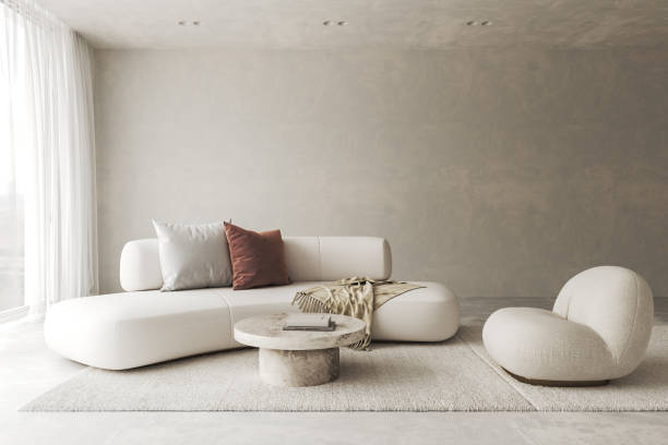 istock Conceptual interior living room with stucco wall. Creative composition sofa with chair and stone table in pastel color. Mockup empty background. 3d rendering. High quality 3d illustration 1607629376