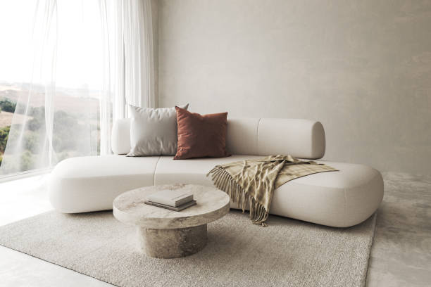 istock Conceptual interior living room with stucco wall. Creative composition sofa with stone table in pastel color. Mockup empty background. 3d rendering. High quality 3d illustration 1607629492