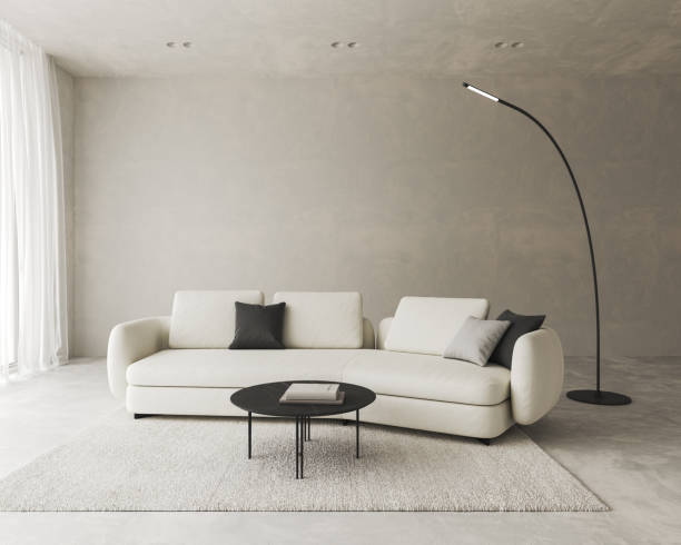 istock Conceptual interior living room with stucco wall. Creative composition sofa with lamp in pastel color. Mockup empty background. 3d rendering. High quality 3d illustration 1607629799