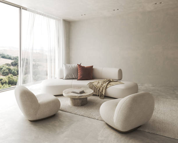 istock Conceptual interior living room with stucco wall. Creative composition sofa with chair and stone table in pastel color. Mockup empty background. 3d rendering. High quality 3d illustration 1607629844