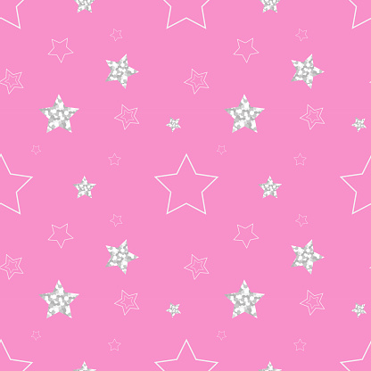 Seamless pattern on pink background with silver confetti stars.