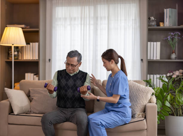 istock Home caregiver physio empowers seniors via exercises for strength, flexibility, aiding recovery. 1607631415