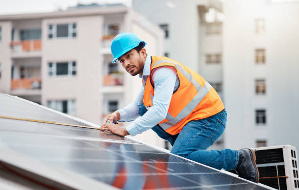 istock Technician man, tape and solar panel on roof with thinking, sustainable vision and construction in city. Engineer, tools and photovoltaic system with building, measuring and renewable energy in cbd 1607632501