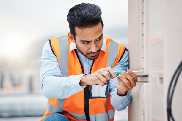 istock Tools, engineering and man with air conditioner for maintenance, repair and inspection on roof. Solar power, construction and male worker with equipment for service, installation or electricity check 1607633040