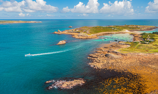 Aerial photo from a drone of the island of St Agnes in The Isles of Scilly, Cornwall, UK. Captured in August 2023.