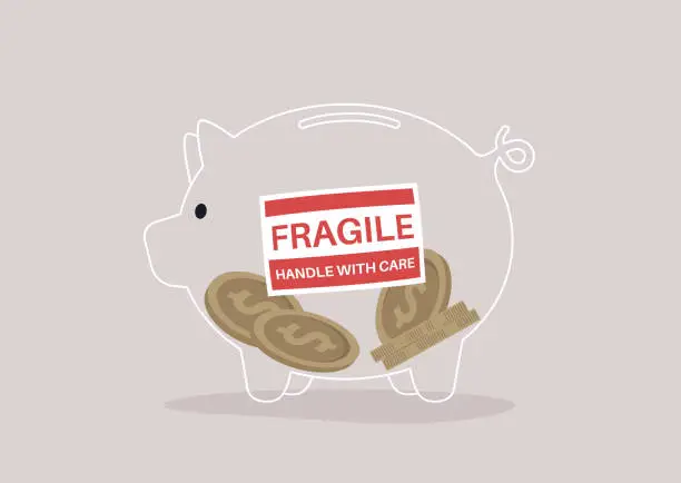 Vector illustration of A glass piggy bank adorned with a red fragile sticker, illustrating the vulnerability of storing money, showing how easily funds can be lost or compromised