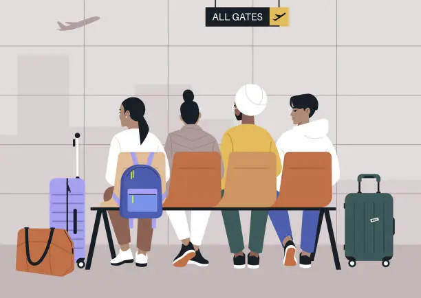 Vector illustration of A group of characters waiting for their boarding at the airport next to their gate