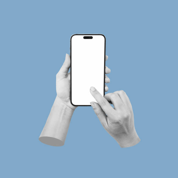 istock Mobile phone with white screen in hands isolated on a blue color background. Blank with copy space 1607651585