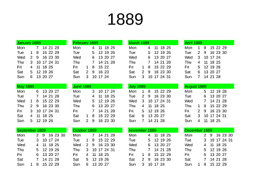 calendar of year 1889 in English language