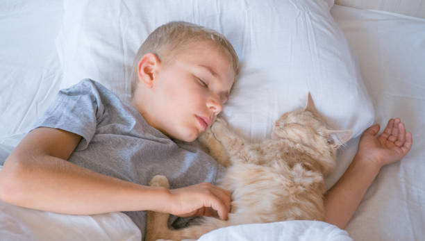 istock A child in bed cannot fall asleep, yawns, grimaces and plays with a ginger cat. 1607667743