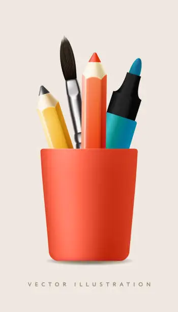 Vector illustration of Red pencils holder with different stationery, isolated on white background. Realistic vector illustration