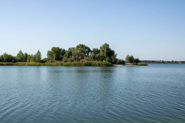 istock Summer green rural lake view. Lake landscape. 1607680005