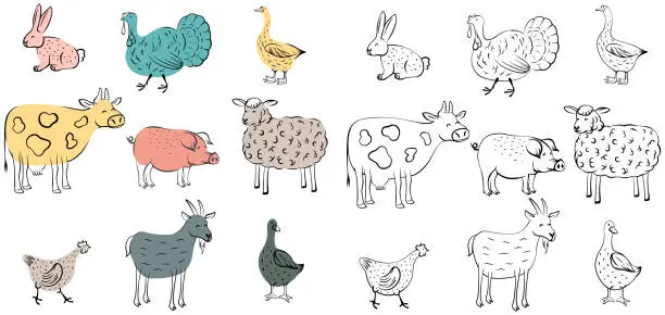 Vector illustration of Set of hand-drawn animals. Colorful isolated domestic doodle farm animals cartoon illustration.