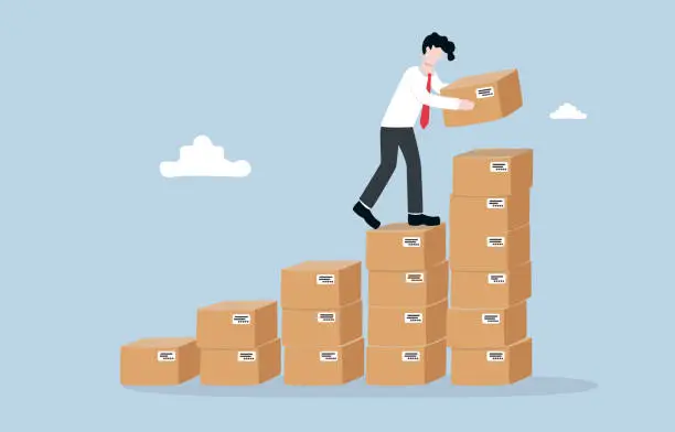 Vector illustration of Increase online sales, growing e-commerce business, receiving more product orders from customers concept, Businessman building higher pile of parcel boxes.