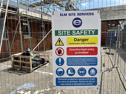 Maldon, UK - July 26, 2023: A site safety notice at a construction site on hospital grounds in Maldon, Essex, UK.